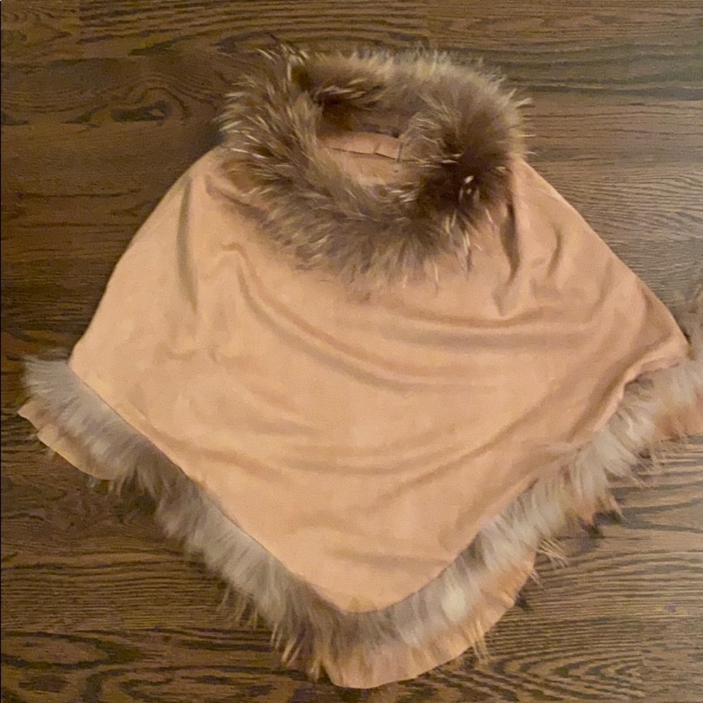 Dolce Cabo Tan Poncho with Fur Trim